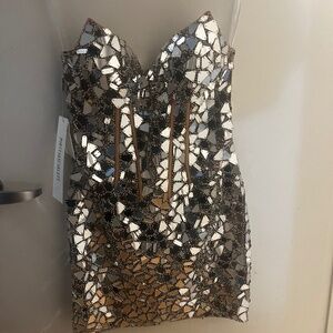 Portia & Scarlett PS23510C STRAPLESS Dress COCKTAIL SILVER MIRROR GLASS  SZ 12